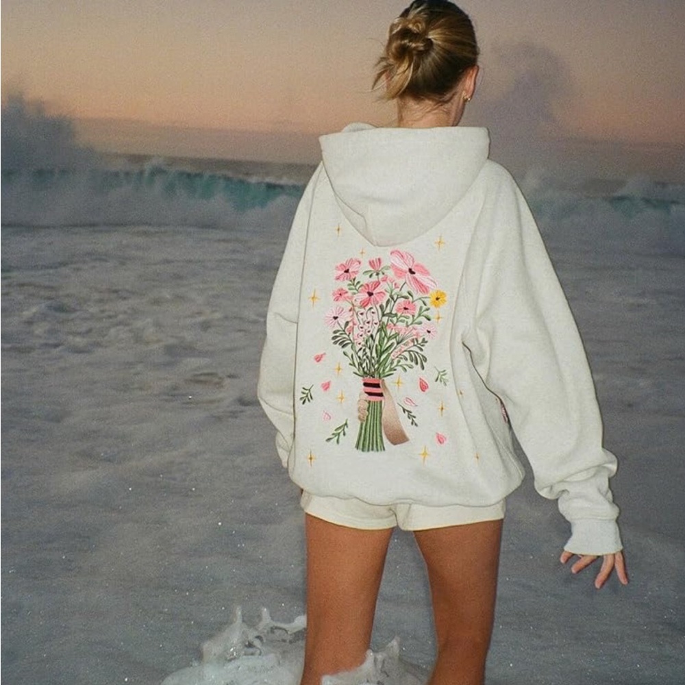 Gray Boxy Sweatshirt with Pink Floral Embroidery